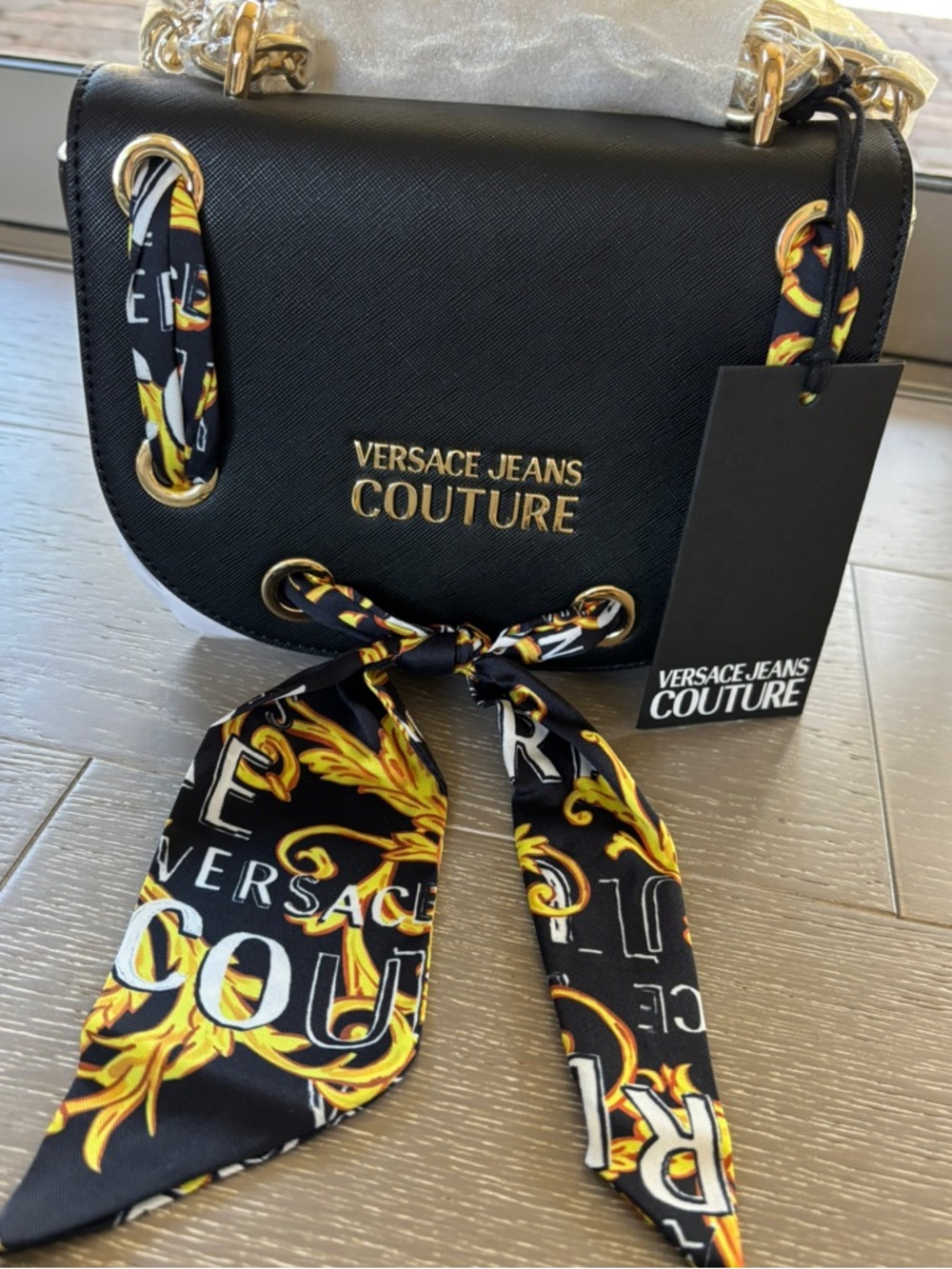 NWT Versace Jeans Collection Black Shoulder Bag with Gold-Print Scarf Tie